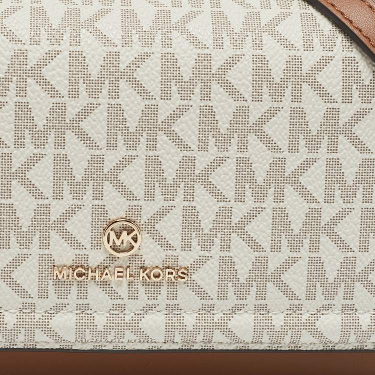 Pre Owned Michael Kors White/Brown Signature Coated Canvas and Leather Jet Set Phone Crossbody Bag