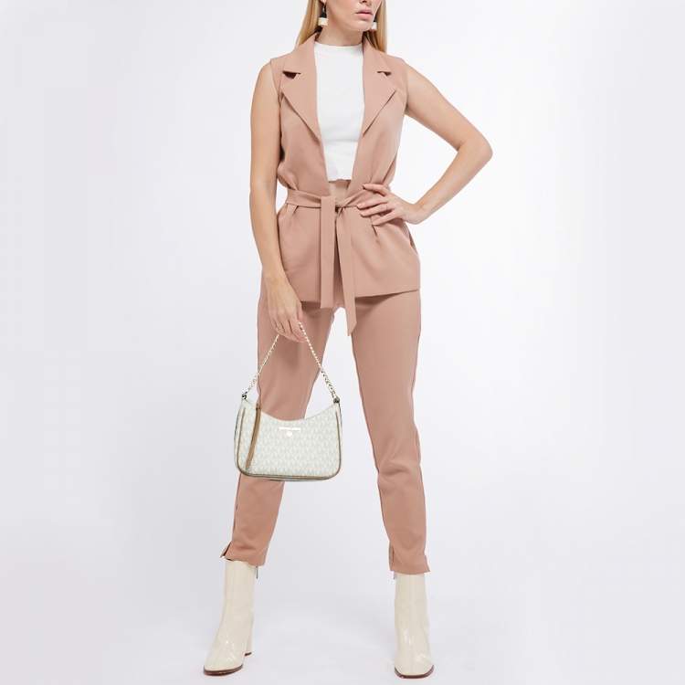 Pre Owned Michael Kors White/Brown Signature Coated Canvas and Leather Jet Set Charm Pochette Bag