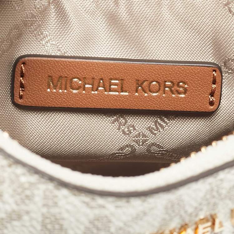 Pre Owned Michael Kors White/Brown Signature Coated Canvas and Leather Jet Set Charm Pochette Bag