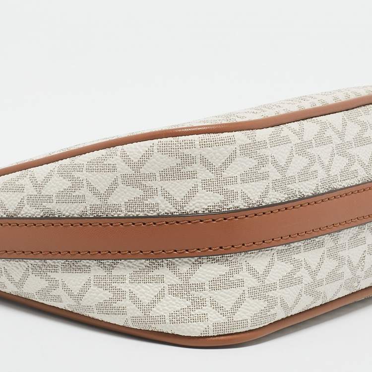 Pre Owned Michael Kors White/Brown Signature Coated Canvas and Leather Jet Set Charm Pochette Bag