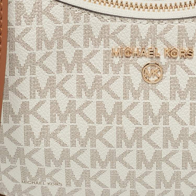 Pre Owned Michael Kors White/Brown Signature Coated Canvas and Leather Jet Set Charm Pochette Bag