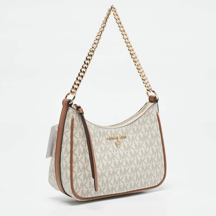 Pre Owned Michael Kors White/Brown Signature Coated Canvas and Leather Jet Set Charm Pochette Bag