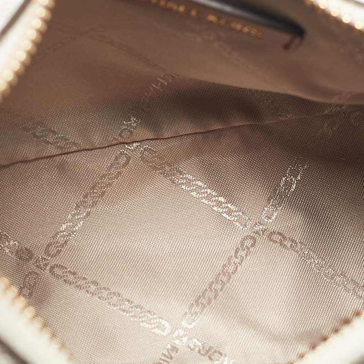 Pre Owned Michael Kors White/Brown Signature Coated Canvas and Leather Jet Set Charm Pochette Bag