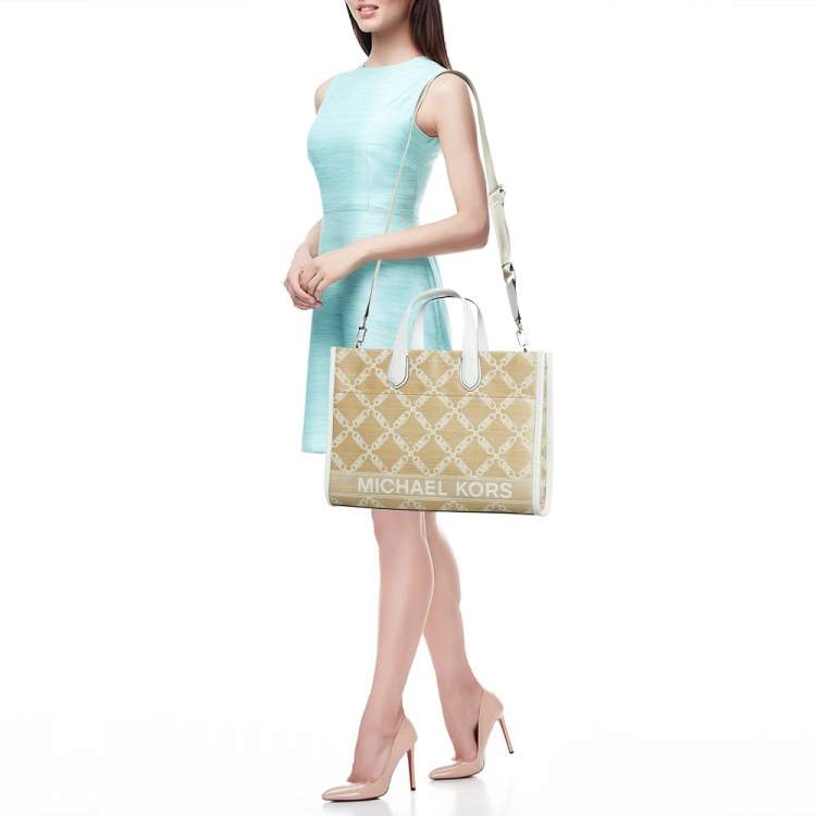 Pre Owned Michael Kors Natural/Optic White Logo Jacquard Raffia Large GIgi Tote