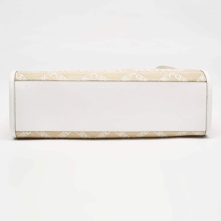 Pre Owned Michael Kors Natural/Optic White Logo Jacquard Raffia Large GIgi Tote