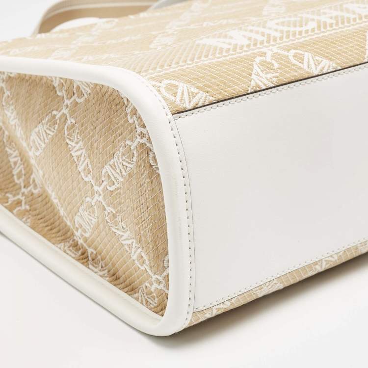 Pre Owned Michael Kors Natural/Optic White Logo Jacquard Raffia Large GIgi Tote