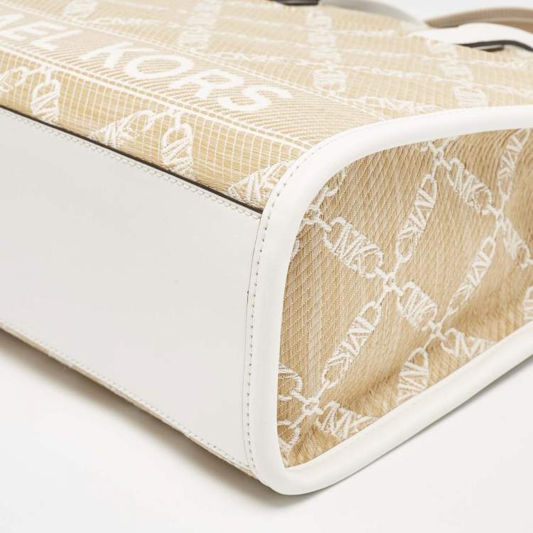 Pre Owned Michael Kors Natural/Optic White Logo Jacquard Raffia Large GIgi Tote