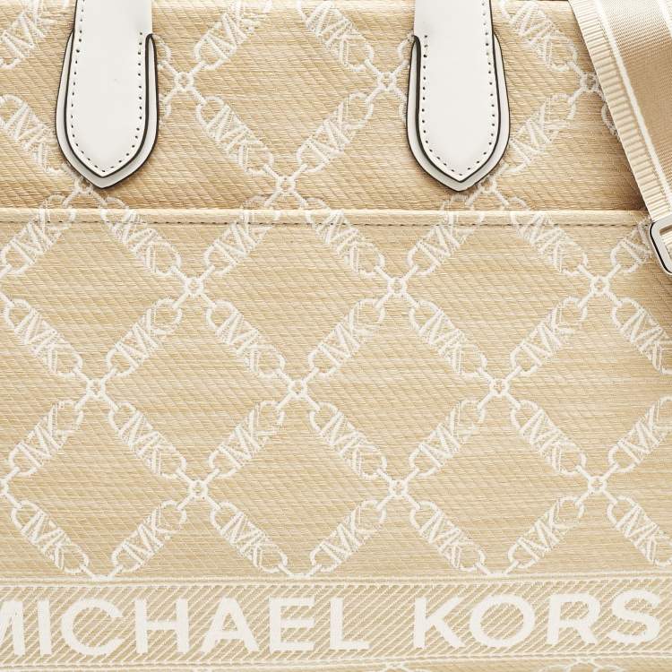 Pre Owned Michael Kors Natural/Optic White Logo Jacquard Raffia Large GIgi Tote