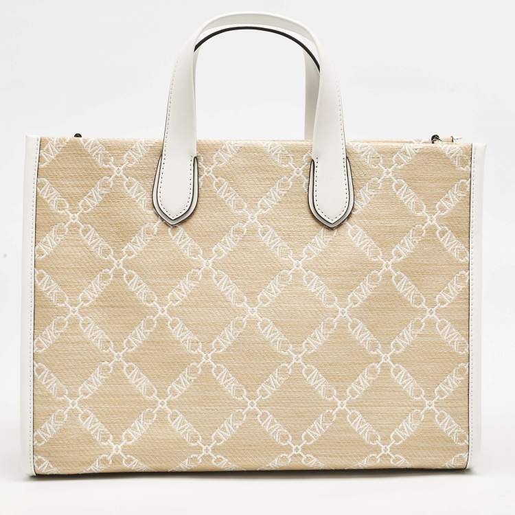 Pre Owned Michael Kors Natural/Optic White Logo Jacquard Raffia Large GIgi Tote