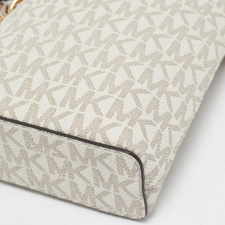 Pre Owned Michael Kors White Signature Coated Canvas and Leather Small Jet Set Charm NS Phone Crossbody Bag