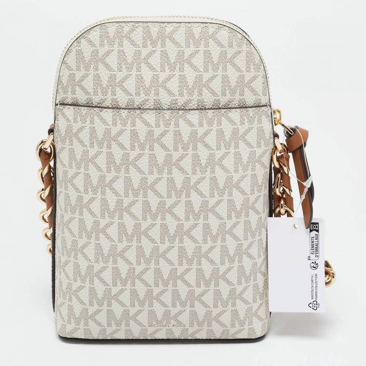 Pre Owned Michael Kors White Signature Coated Canvas and Leather Small Jet Set Charm NS Phone Crossbody Bag