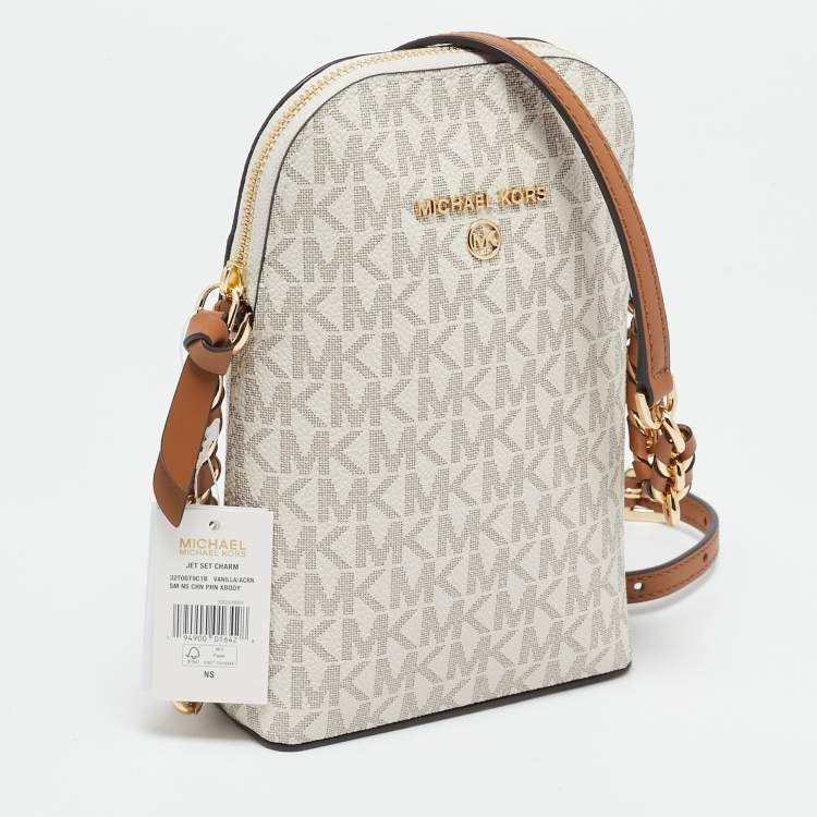 Pre Owned Michael Kors White Signature Coated Canvas and Leather Small Jet Set Charm NS Phone Crossbody Bag