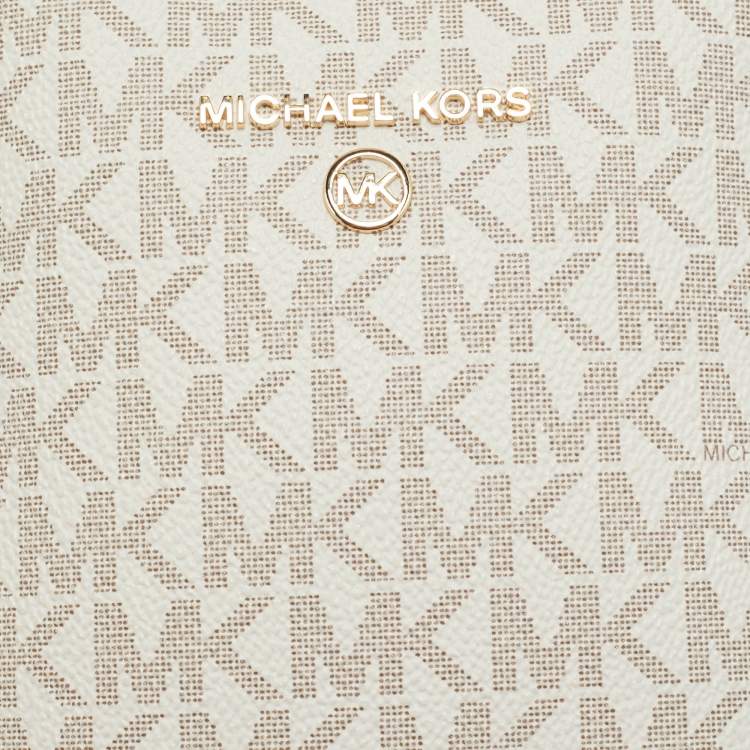 Pre Owned Michael Kors White Signature Coated Canvas and Leather Small Jet Set Charm NS Phone Crossbody Bag