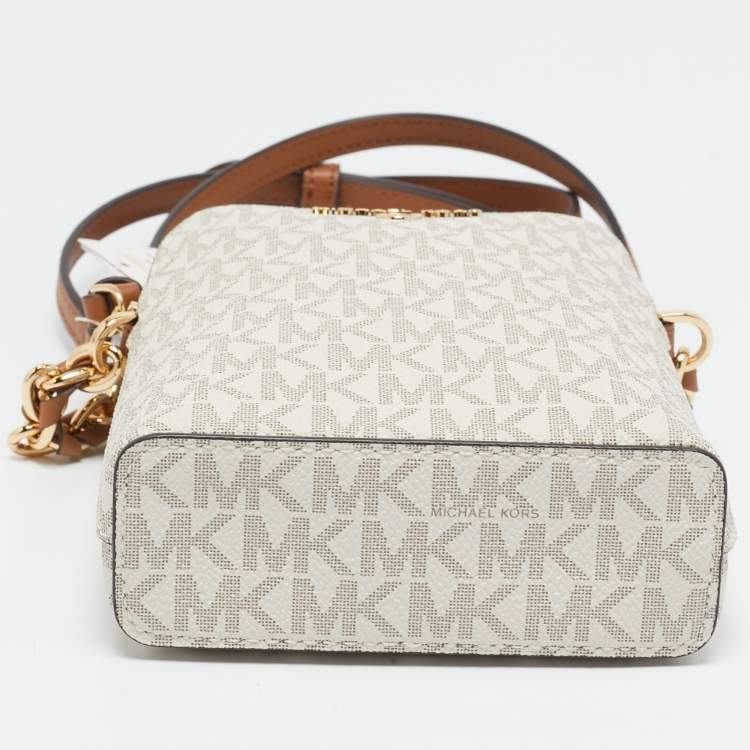Pre Owned Michael Kors White Signature Coated Canvas and Leather Small Jet Set Charm NS Phone Crossbody Bag
