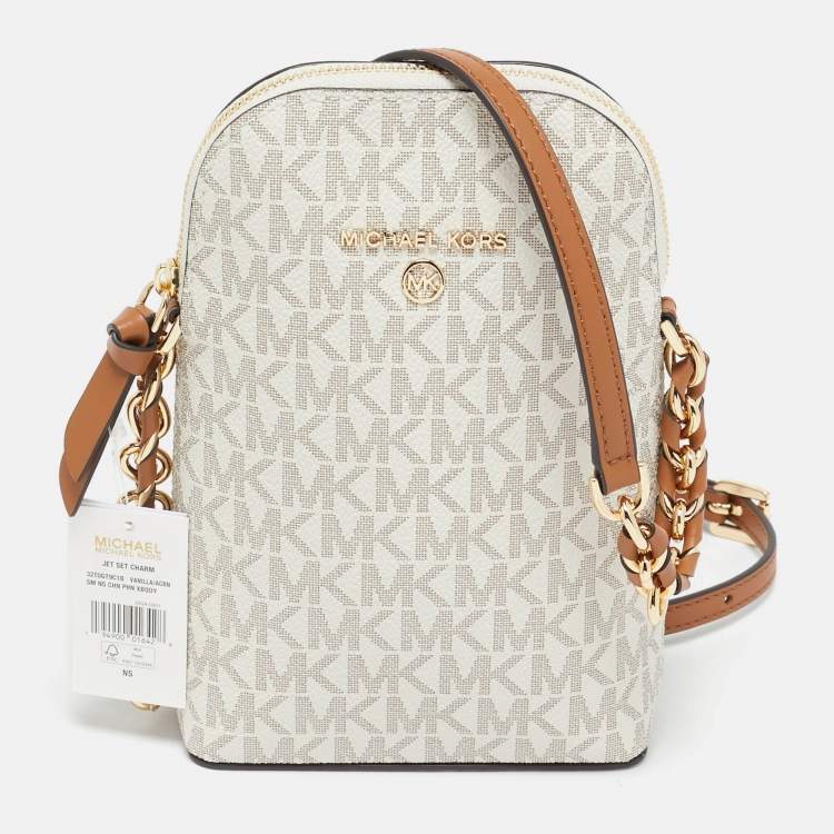 Pre Owned Michael Kors White Signature Coated Canvas and Leather Small Jet Set Charm NS Phone Crossbody Bag