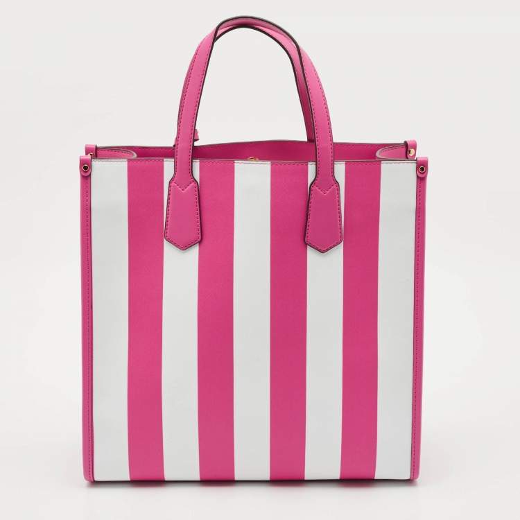 Pre Owned Michael Kors Pink Stripe Leather Large North South Maple Tote