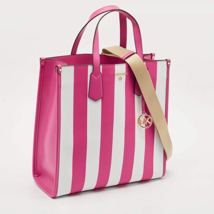 Pre Owned Michael Kors Pink Stripe Leather Large North South Maple Tote