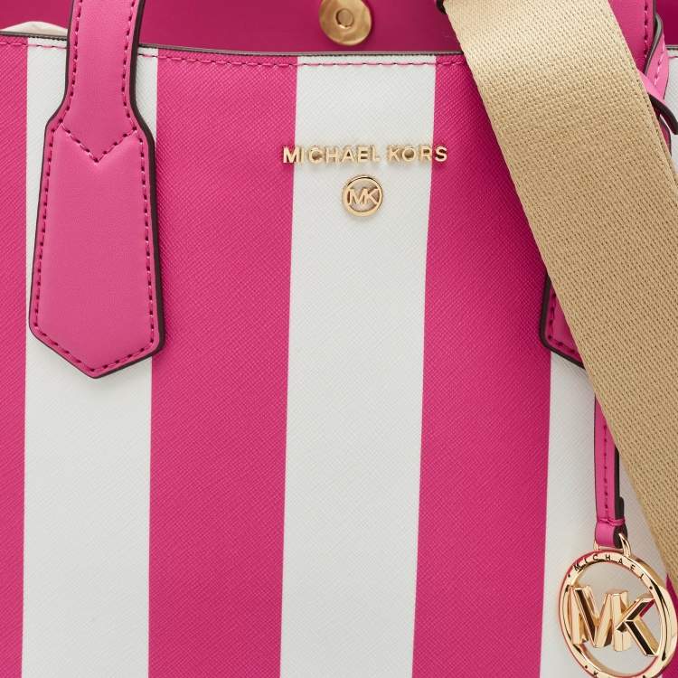 Pre Owned Michael Kors Pink Stripe Leather Large North South Maple Tote