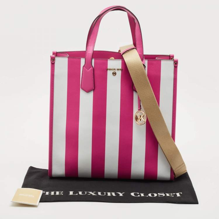 Pre Owned Michael Kors Pink Stripe Leather Large North South Maple Tote