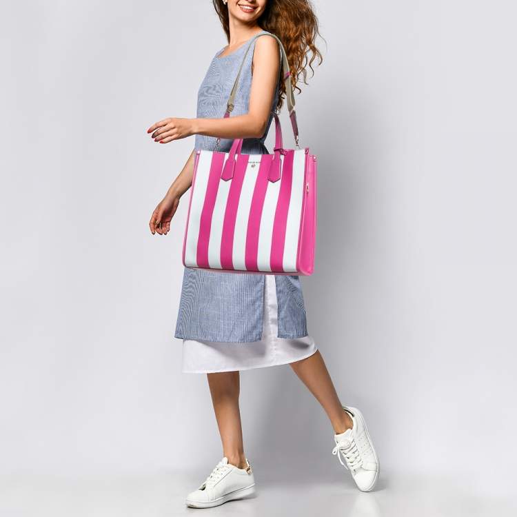 Pre Owned Michael Kors Pink Stripe Leather Large North South Maple Tote