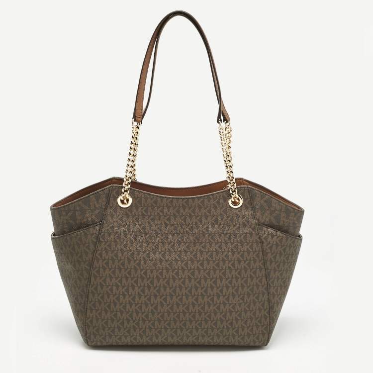 Pre Owned Michael Kors Brown Signature Coated Canvas Large Jet Set Travel Chain Tote