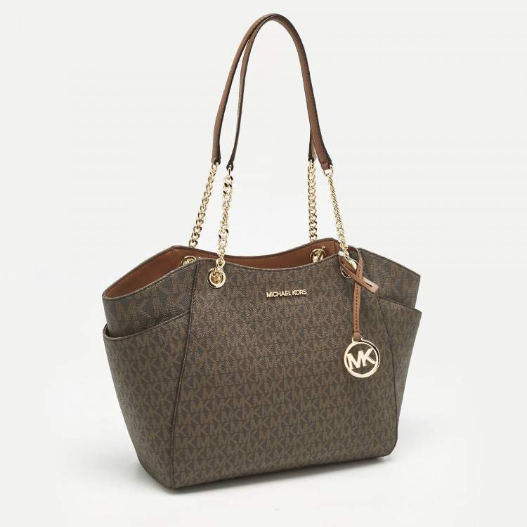 Pre Owned Michael Kors Brown Signature Coated Canvas Large Jet Set Travel Chain Tote