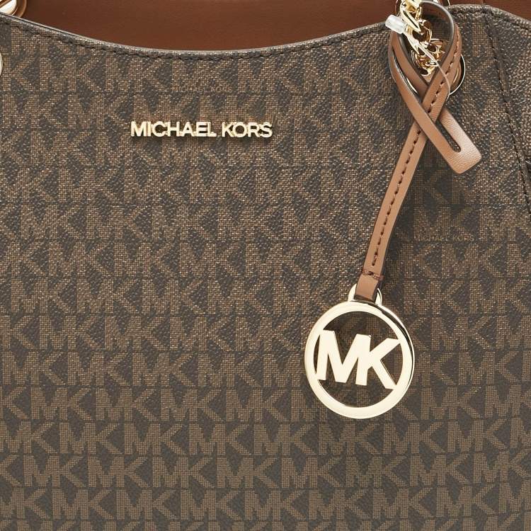 Pre Owned Michael Kors Brown Signature Coated Canvas Large Jet Set Travel Chain Tote