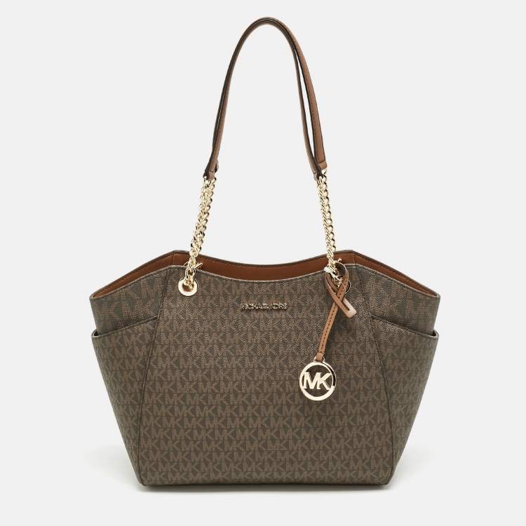 Pre Owned Michael Kors Brown Signature Coated Canvas Large Jet Set Travel Chain Tote