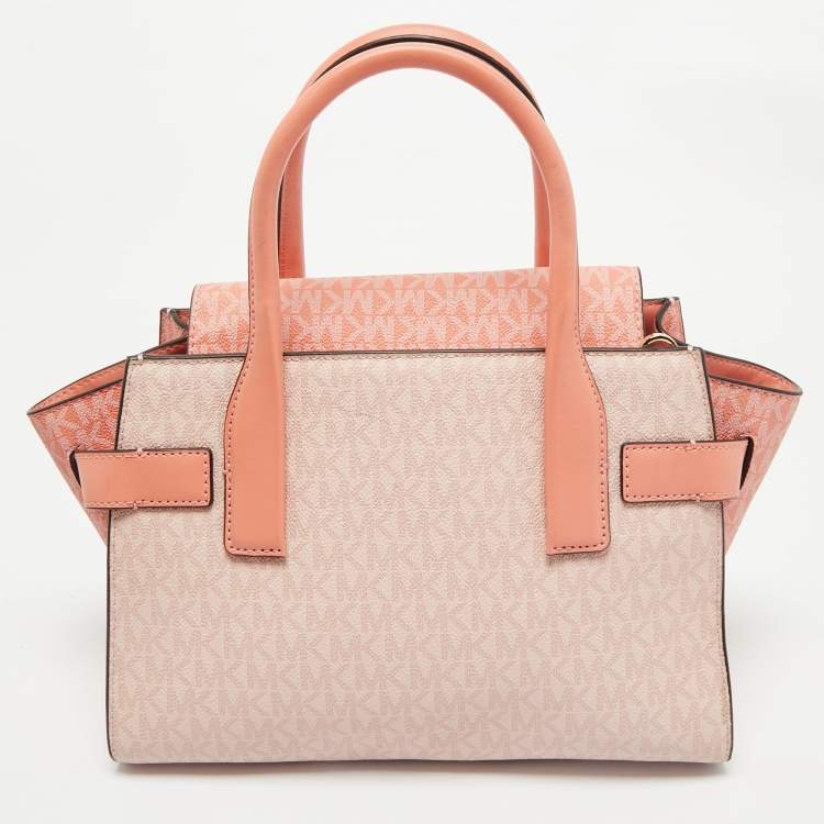 Pre Owned Michael Kors Pink/Peach Signature Coated Canvas Medium Carmen Flap Satchel