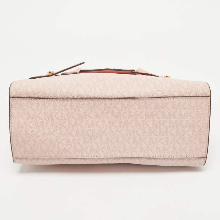 Pre Owned Michael Kors Pink/Peach Signature Coated Canvas Medium Carmen Flap Satchel