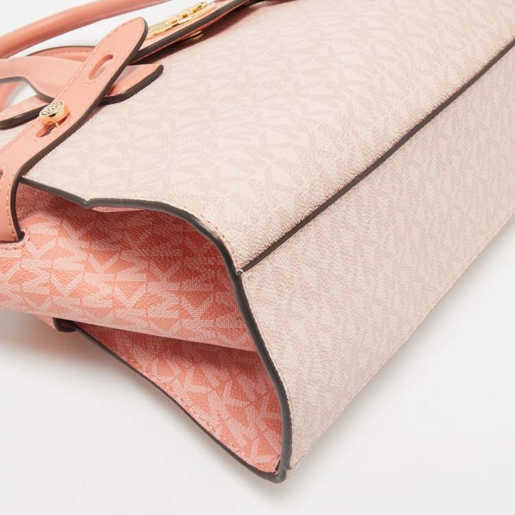 Pre Owned Michael Kors Pink/Peach Signature Coated Canvas Medium Carmen Flap Satchel