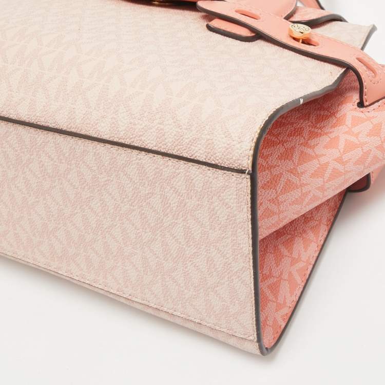 Pre Owned Michael Kors Pink/Peach Signature Coated Canvas Medium Carmen Flap Satchel
