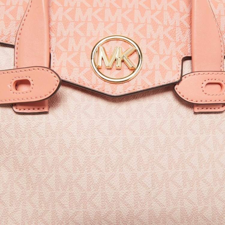 Pre Owned Michael Kors Pink/Peach Signature Coated Canvas Medium Carmen Flap Satchel