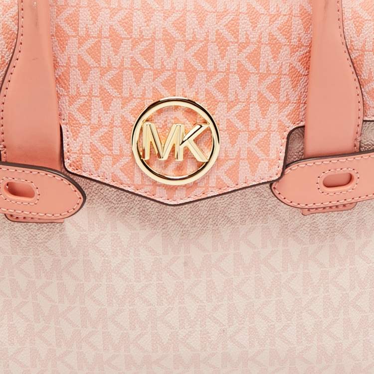 Pre Owned Michael Kors Pink/Peach Signature Coated Canvas Medium Carmen Flap Satchel