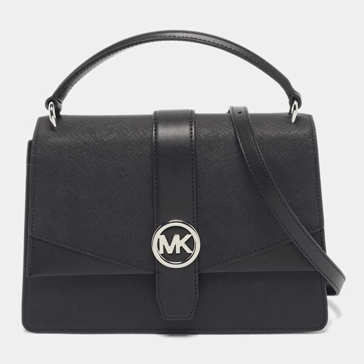 Pre Owned Michael Kors Black Leather Medium Greenwich Top Handle Bag