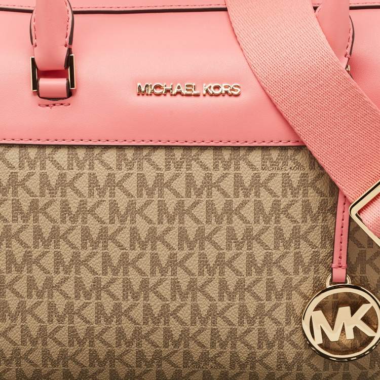 Pre Owned Michael Kors Tea Rose/Beige Signature Coated Canvas Medium Travel Duffle Bag