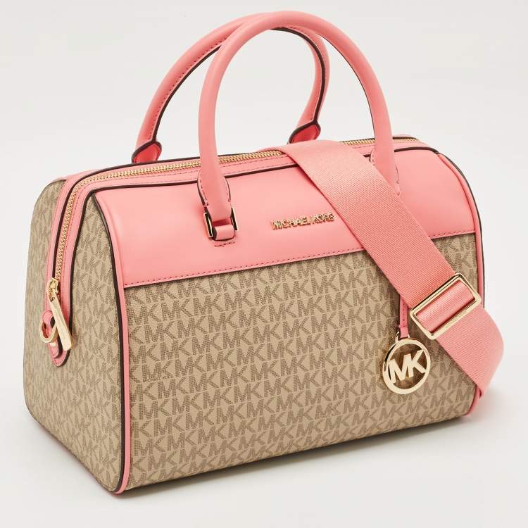 Pre Owned Michael Kors Tea Rose/Beige Signature Coated Canvas Medium Travel Duffle Bag