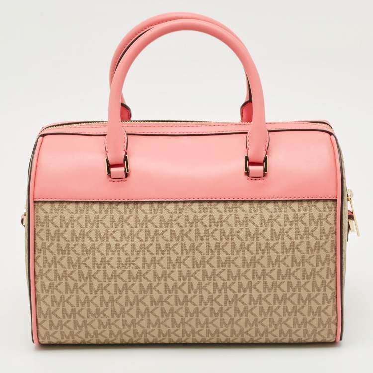 Pre Owned Michael Kors Tea Rose/Beige Signature Coated Canvas Medium Travel Duffle Bag