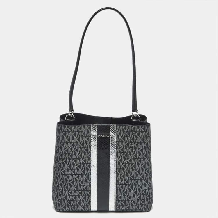 Pre Owned Michael Kors Black Signature Coated Canvas and Snakeskin Embossed Leather Medium Pratt Bucket Bag