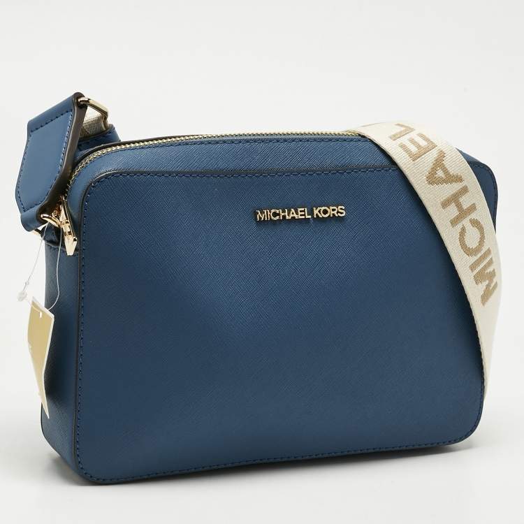 Pre Owned Michael Kors Blue Leather Large East West Jet Set Crossbody Bag