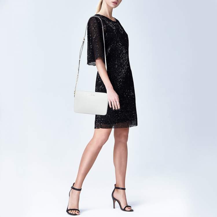 Pre Owned Michael Kors White Leather Large East West Jet Set Crossbody Bag