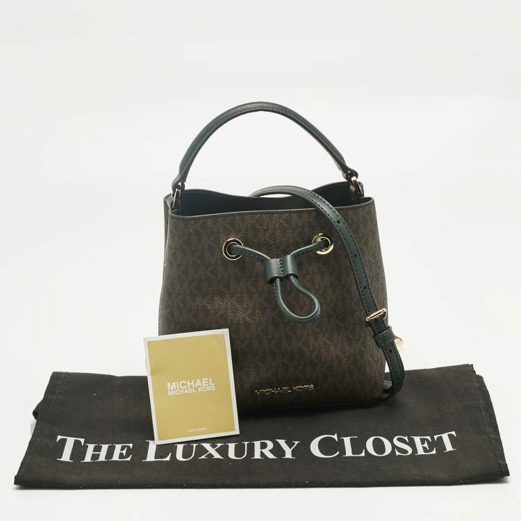 Pre Owned Michael Kors Brown/Dark Green Signature Canvas Suri Drawstring Bucket Bag