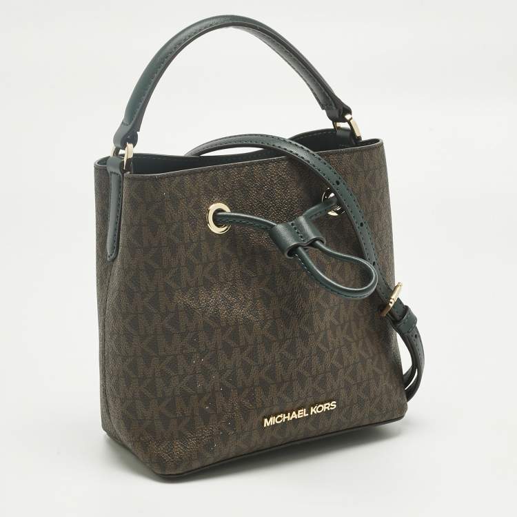 Pre Owned Michael Kors Brown/Dark Green Signature Canvas Suri Drawstring Bucket Bag