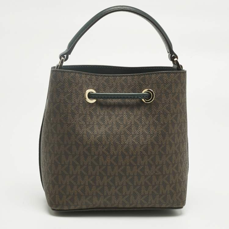 Pre Owned Michael Kors Brown/Dark Green Signature Canvas Suri Drawstring Bucket Bag