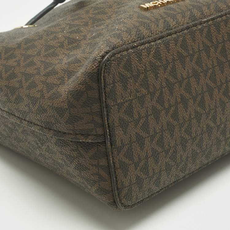 Pre Owned Michael Kors Brown/Dark Green Signature Canvas Suri Drawstring Bucket Bag