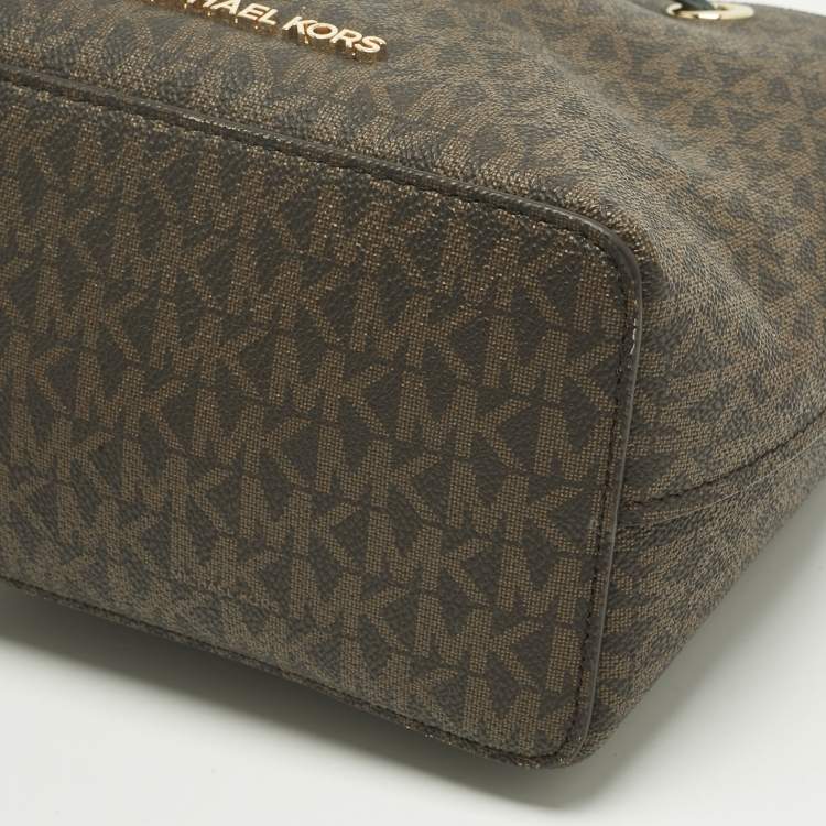 Pre Owned Michael Kors Brown/Dark Green Signature Canvas Suri Drawstring Bucket Bag