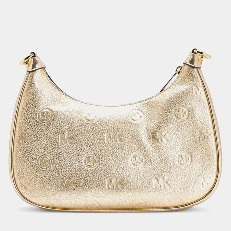 Pre Owned Michael Kors Cora Lg Zip Pouchette Gold Leather Shoulder Bag