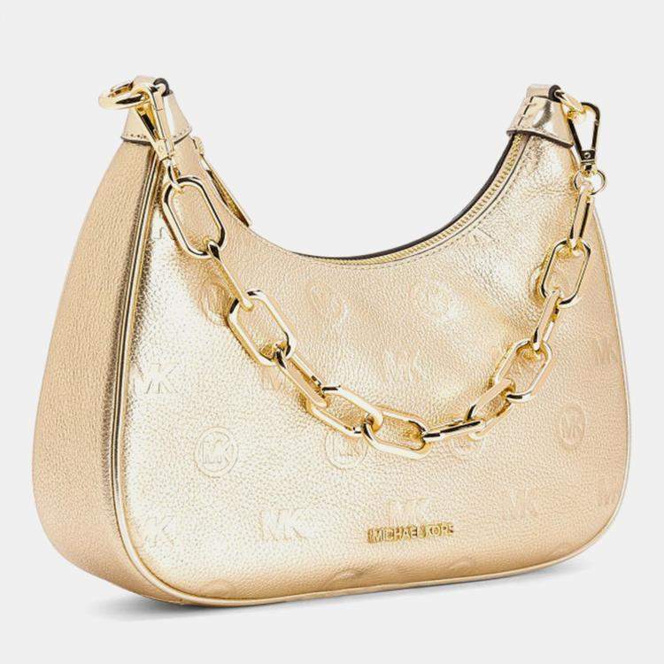 Pre Owned Michael Kors Cora Lg Zip Pouchette Gold Leather Shoulder Bag