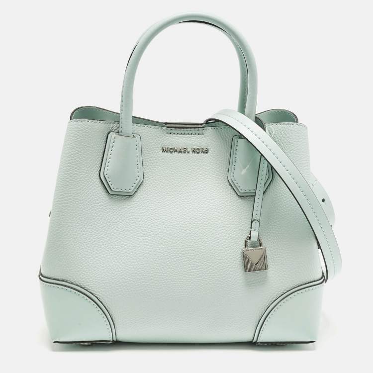 Pre Owned Michael Kors Mercer Gallery Small Light Aqua Green Leather Tote