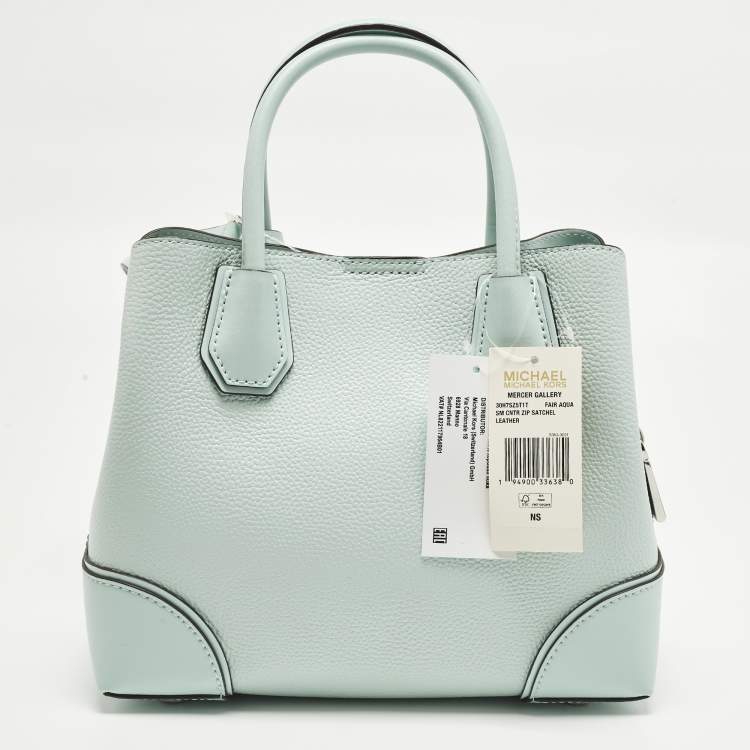 Pre Owned Michael Kors Mercer Gallery Small Light Aqua Green Leather Tote